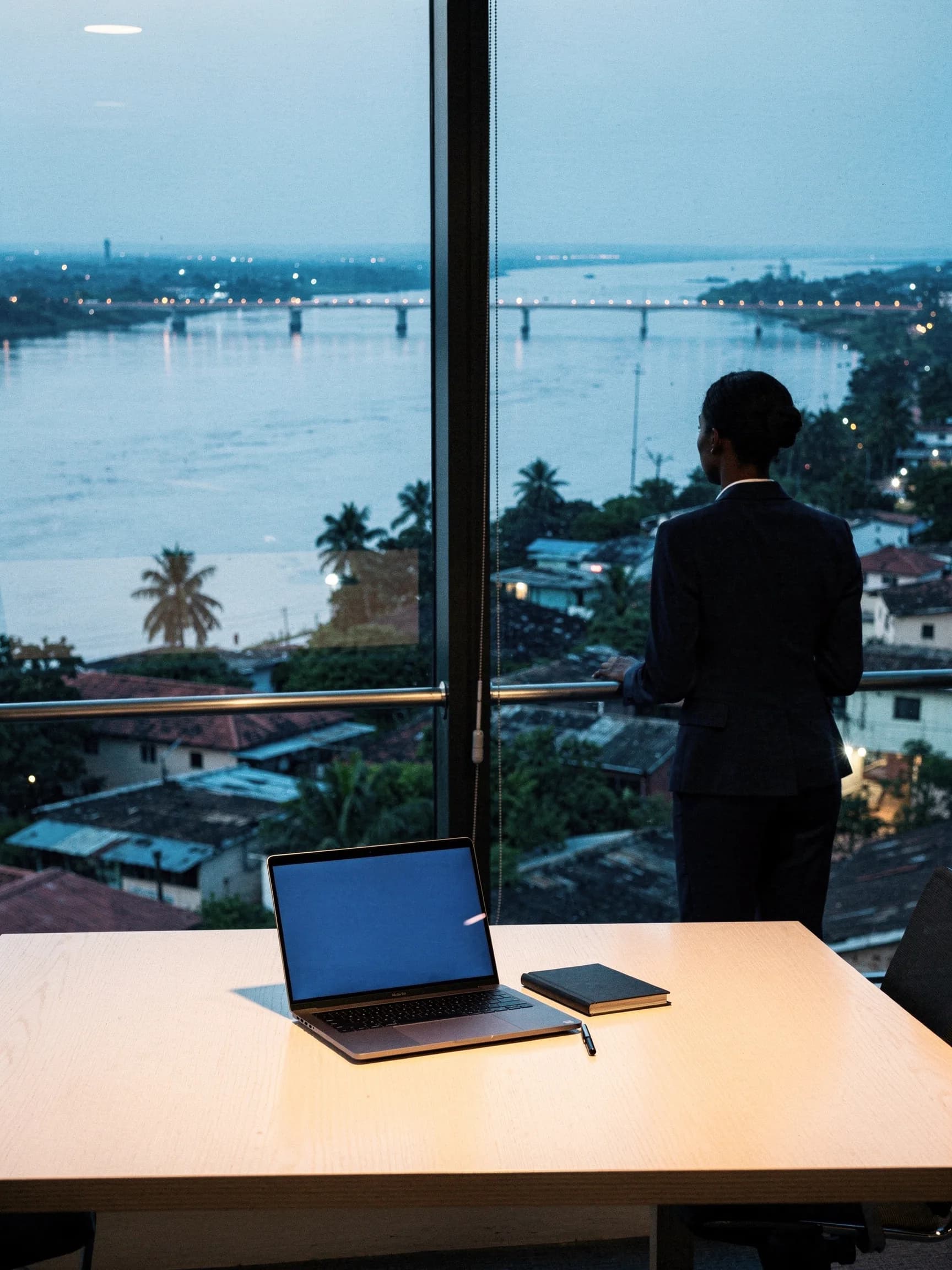 Illustration : depuis une salle de réunion en hauteur, à l'heure bleue, une décideuse regarde une ville d'estuaire traversée par un long pont illuminé.
