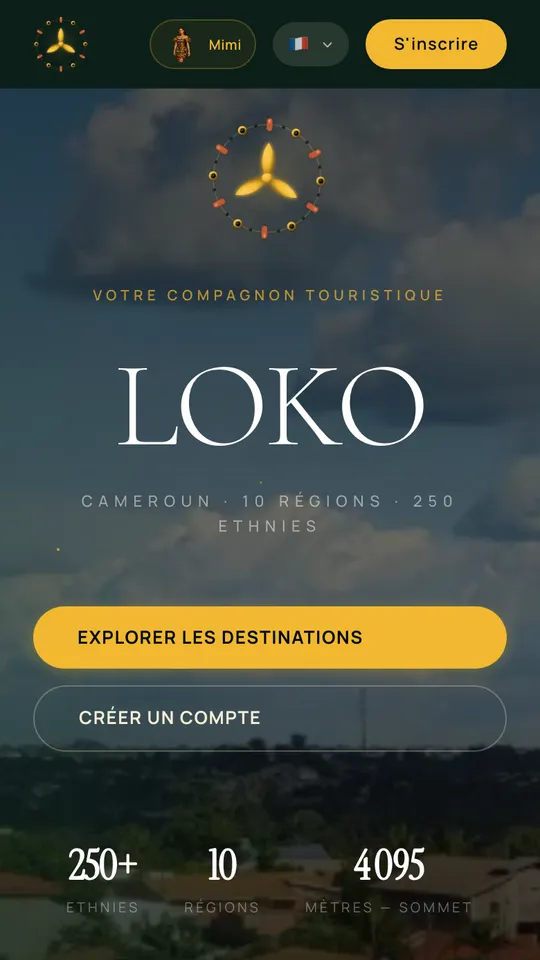LOKO home screen: browsing travel destinations across Cameroon.
