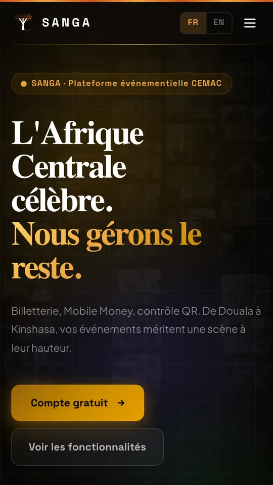 SANGA home screen: ticketing, Mobile Money and QR check-in for events.