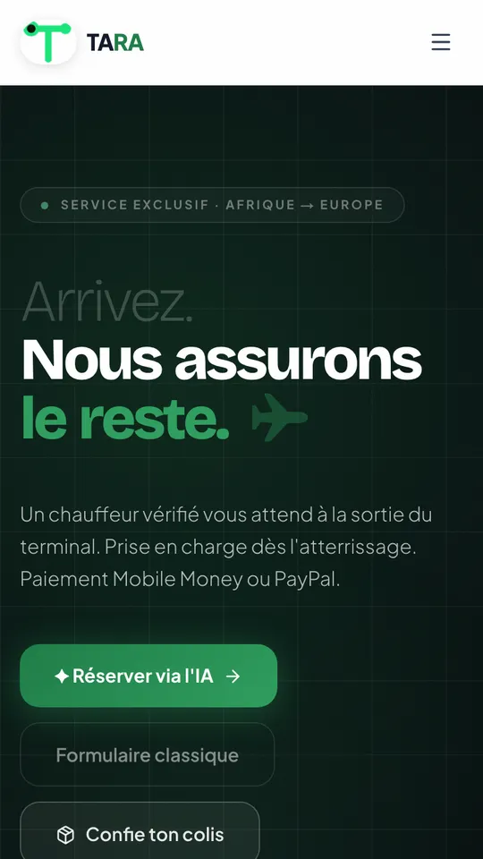 TARA home screen: pickup at the terminal exit, paid by Mobile Money or PayPal.