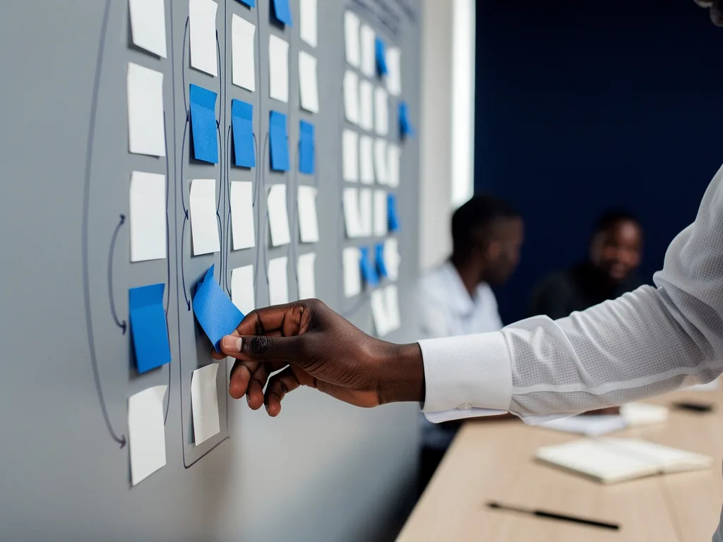 Illustration : atelier stratégique, une main pose une note bleue dans des colonnes de post-it sur un mur clair.