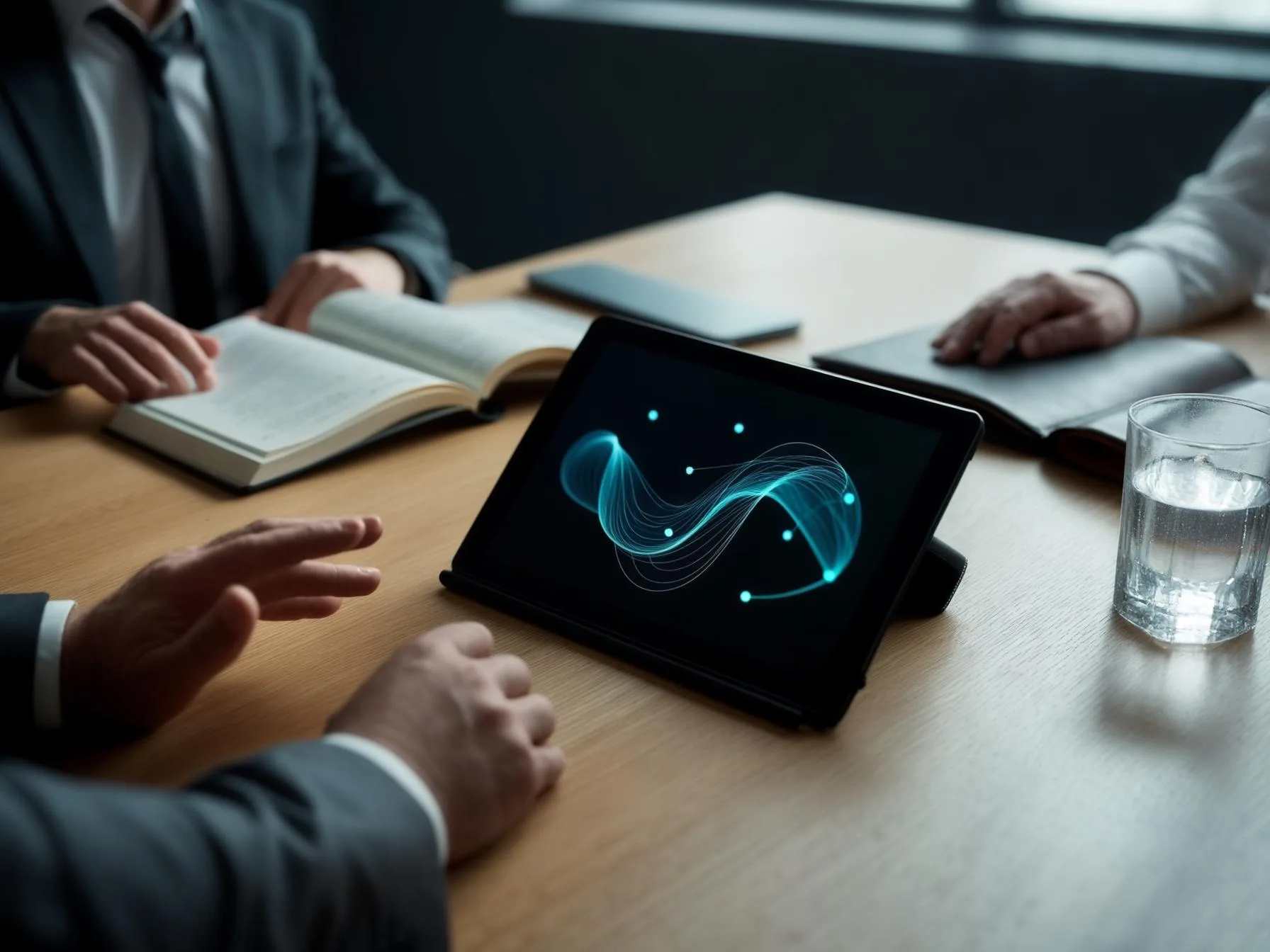 Illustration : séance de conseil, une tablette posée sur la table affiche trois courbes lumineuses bleues.