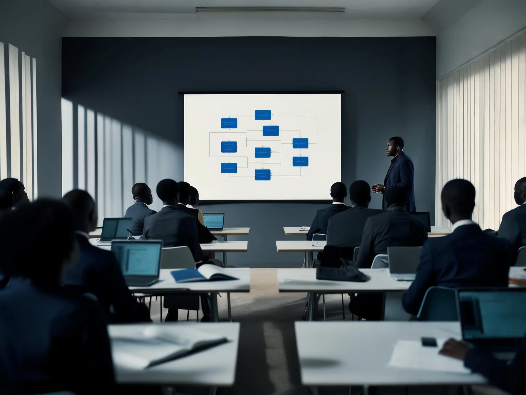 Illustration : salle de formation vue du fond, un formateur présente un schéma bleu sur grand écran.