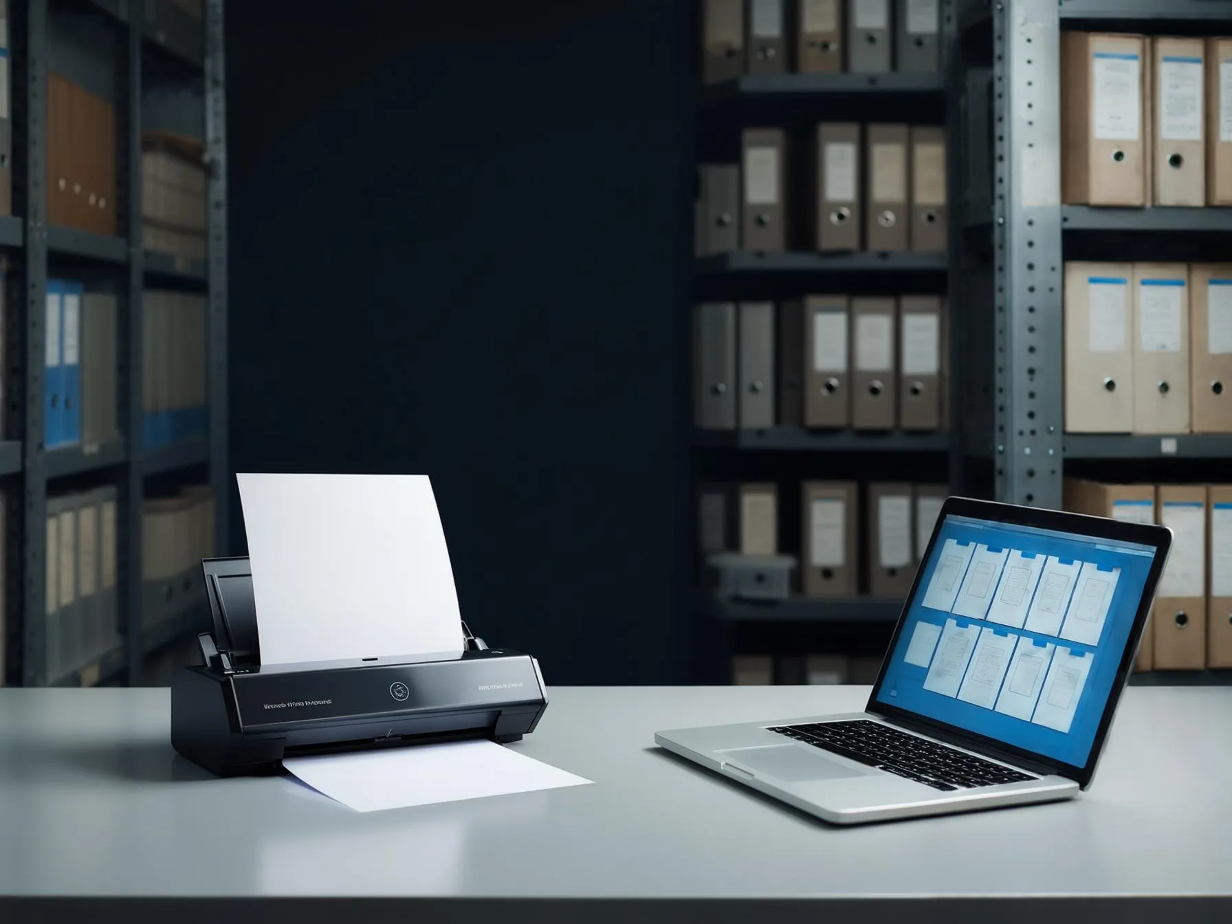 Illustration : un scanner de documents numérise une feuille devant des rayonnages d'archives papier.