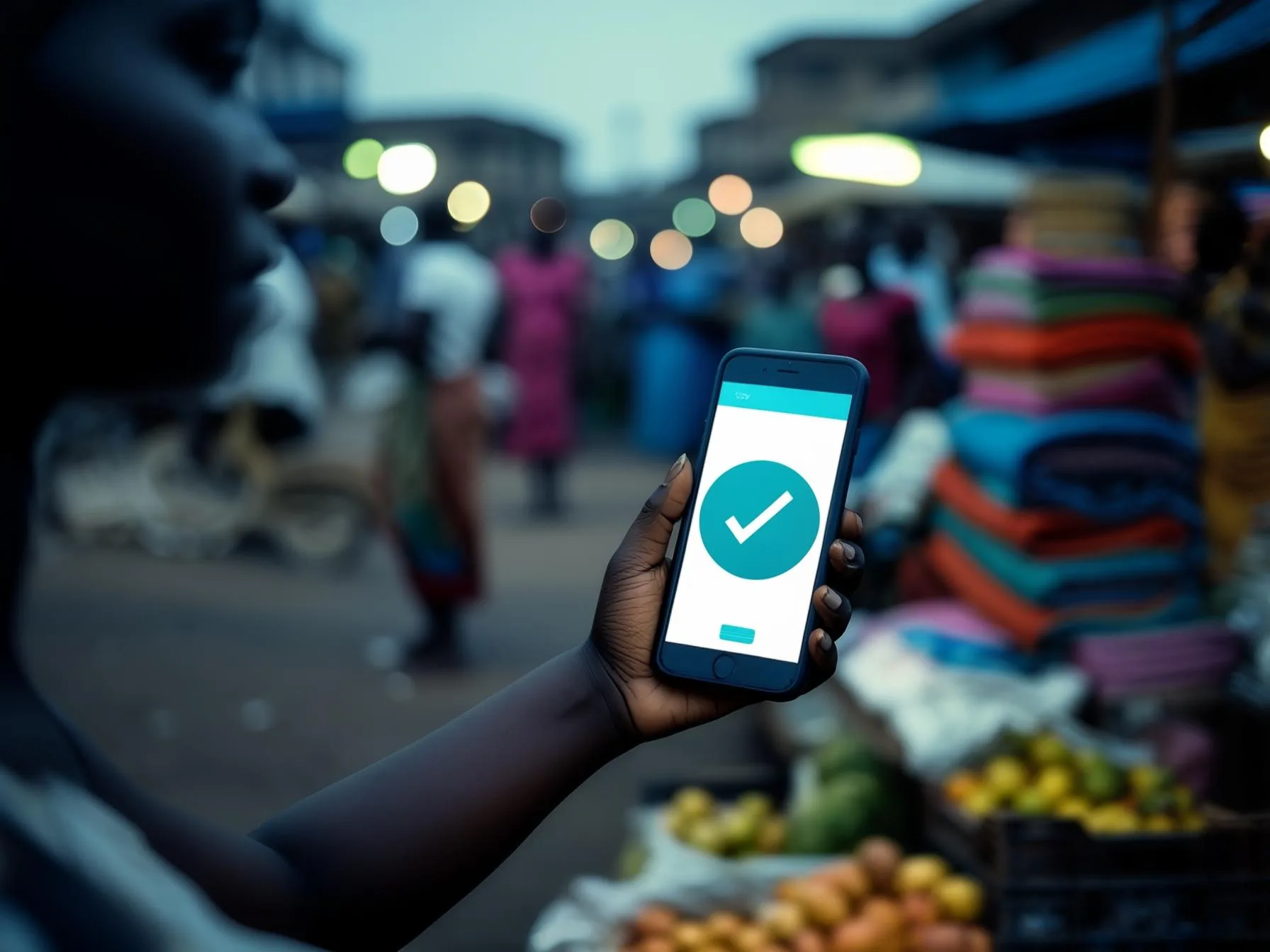 Illustration : au marché, à la tombée du jour, une main tient un smartphone affichant une confirmation de paiement mobile.